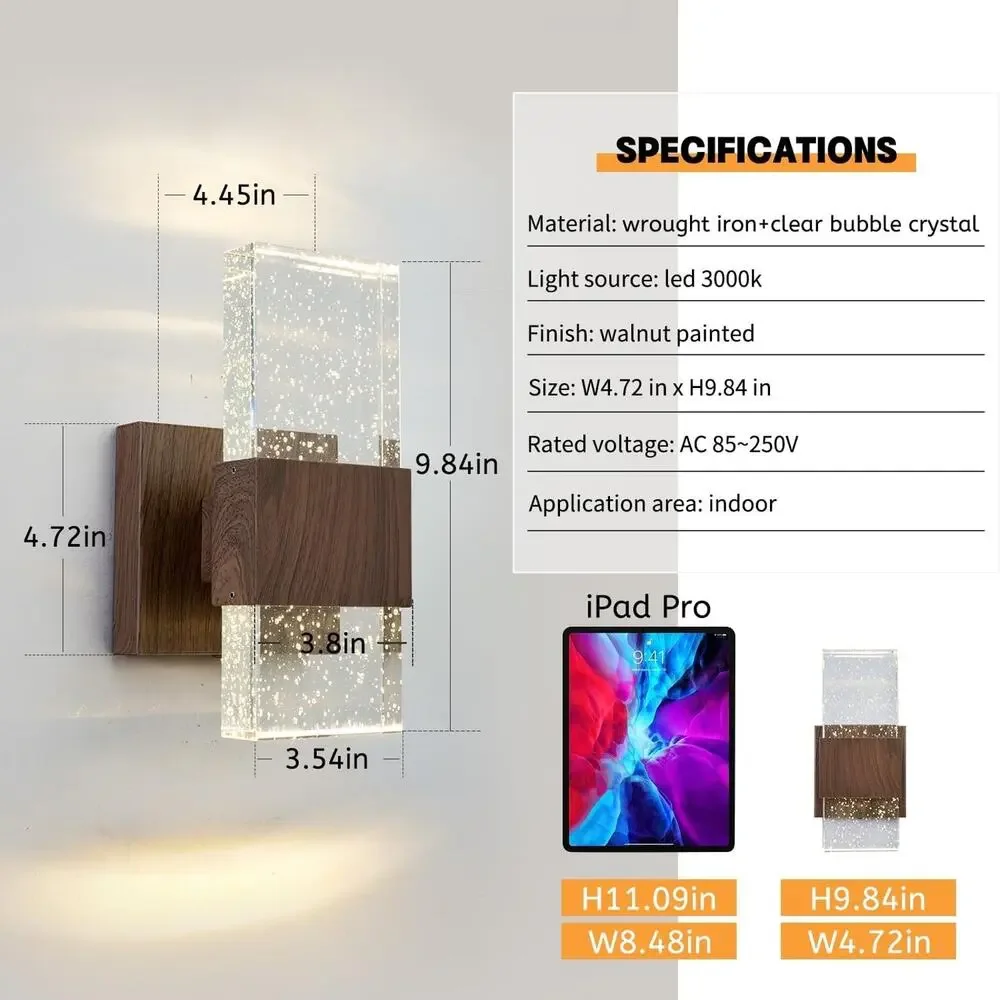 Rustic Walnut LED Bubble Crystal Wall Sconce Farmhouse Wall Light